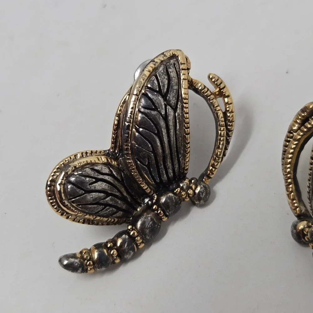 Vintage Two Tone Butterfly Stud Earrings Silver Gold Tone Insect Whimsical MJ XX